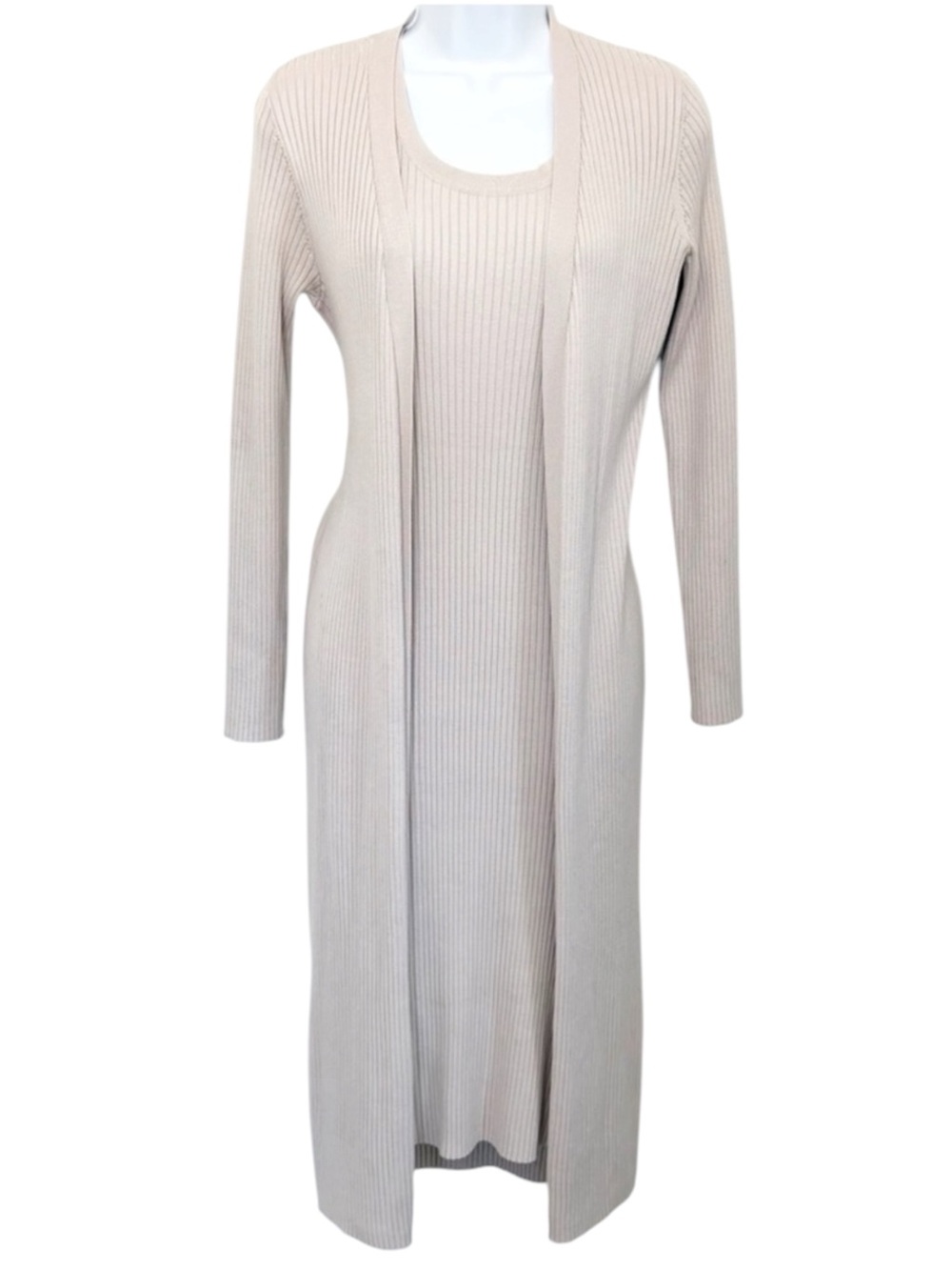MAGASCHONI Ribbed Knit Midi Dress Cardigan 2 Piece Set Small Beige Neutral